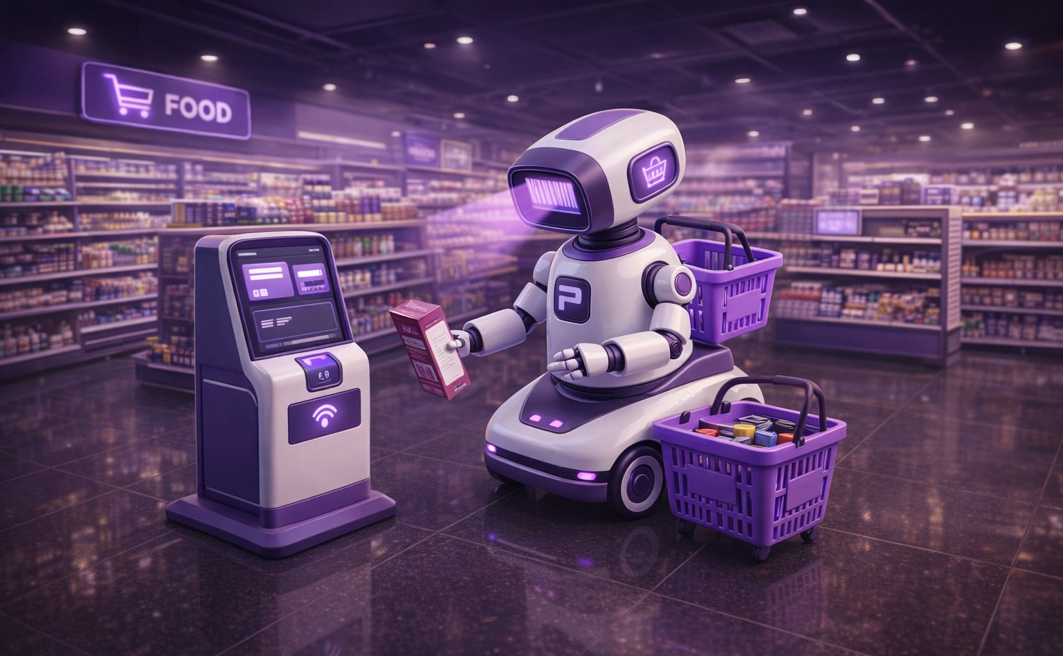 Sector Retail — supermercado moderno con robot escáner
